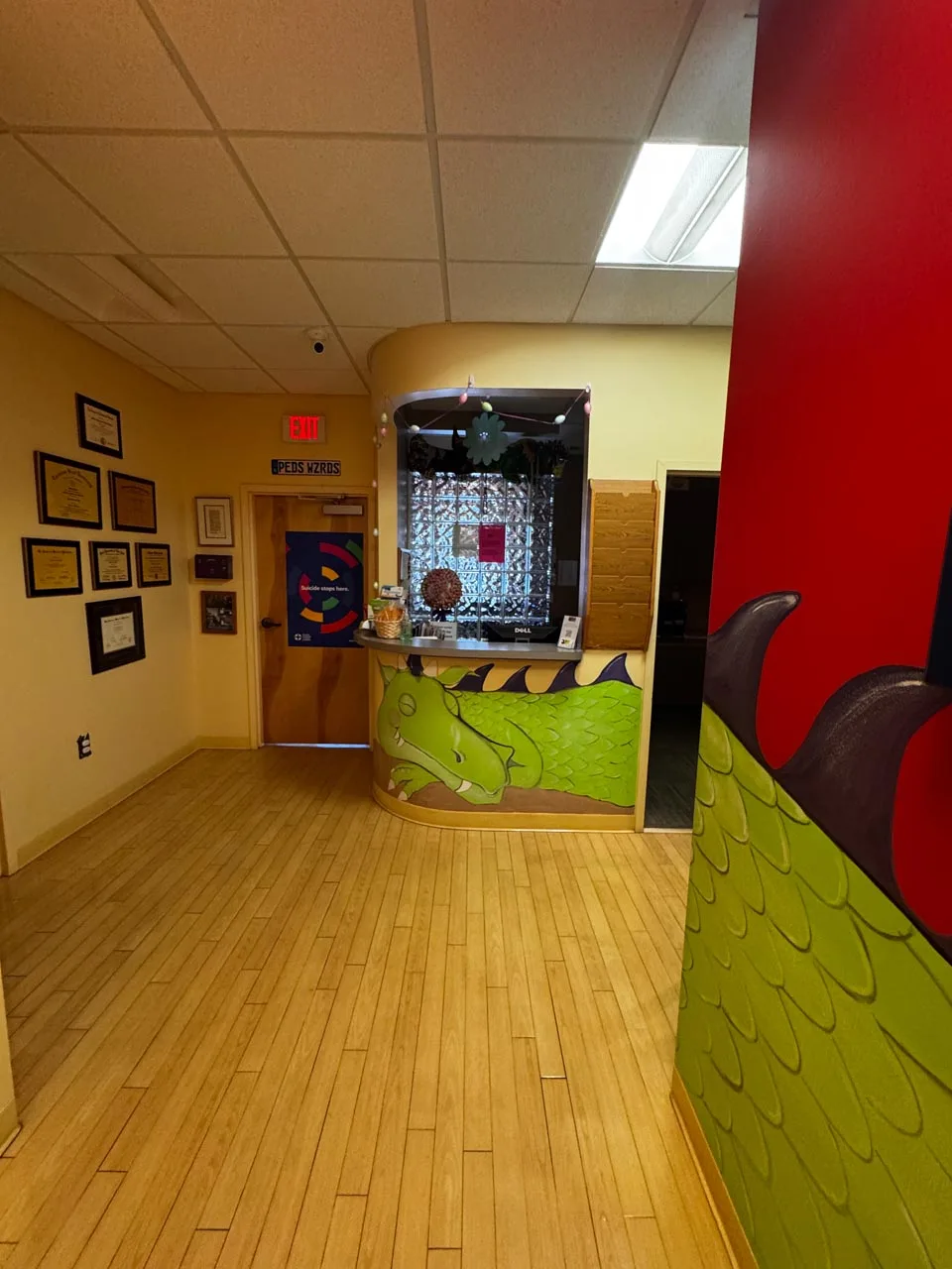 Contact Us: Pediatric Wizards. Reception area of Pediatric Wizards with wood flooring, a counter decorated with green dragon scales, framed certificates on the wall, and a door with a colorful sign in the background.