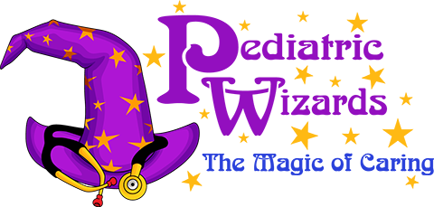 A purple wizard hat with yellow stars and a stethoscope next to bold purple and yellow text on a blue background.