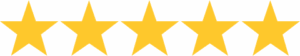 Five yellow stars arranged in a horizontal row on a transparent background, representing a five-star rating.