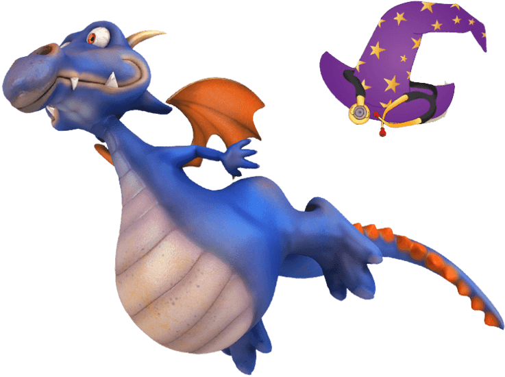 A cartoon blue dragon with orange wings is leaping beside a purple wizard hat decorated with yellow stars.