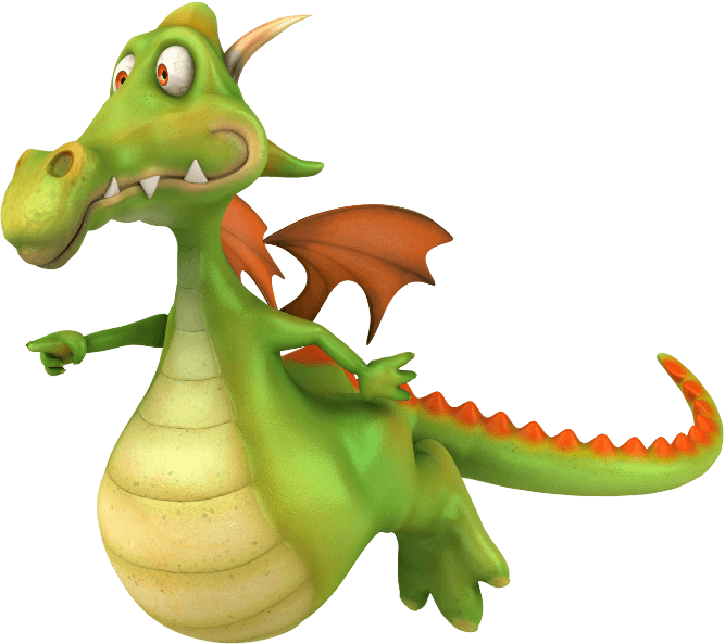 Cartoon-style green dragon with orange wings and spikes, standing upright with a cheerful expression and slightly open mouth.