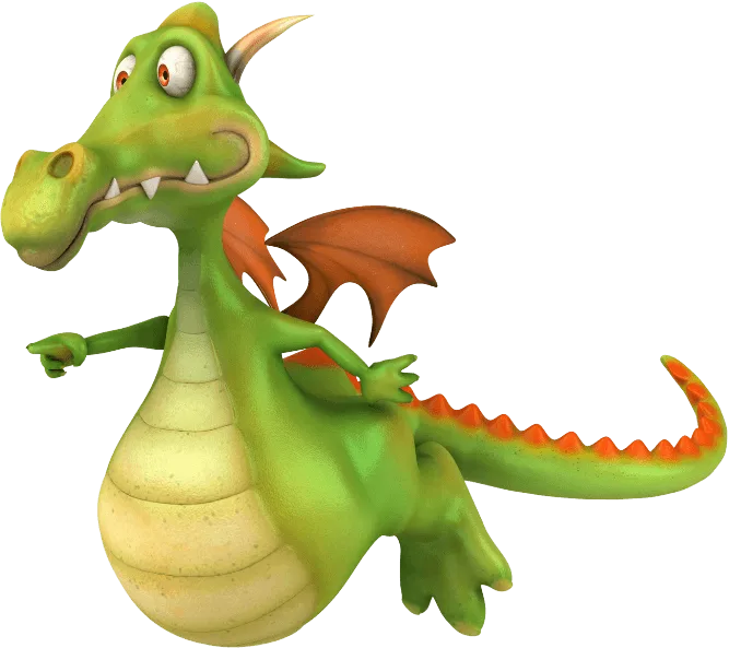 Cartoon-style green dragon with orange wings and spikes, standing upright with a cheerful expression and slightly open mouth.