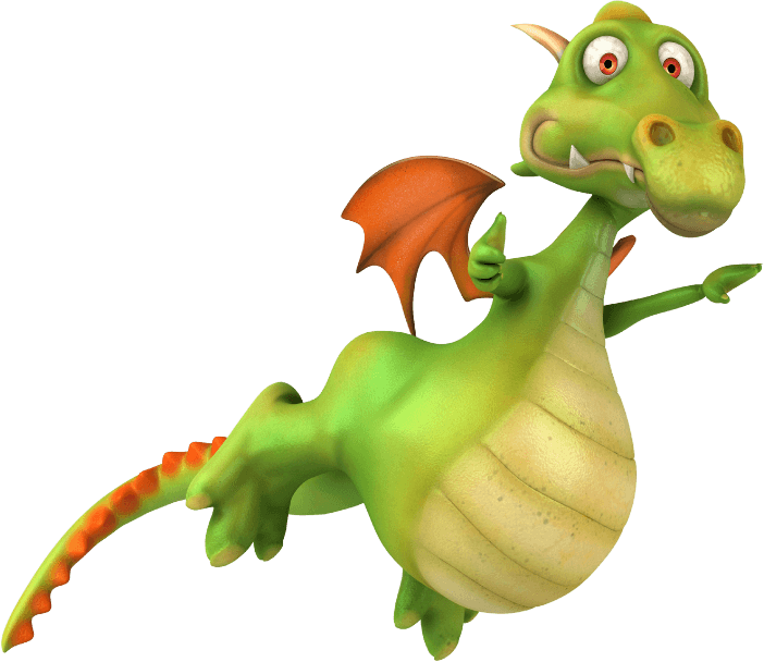 Cartoon green dragon with orange wings and tail spikes, standing upright and pointing with one hand while looking surprised.