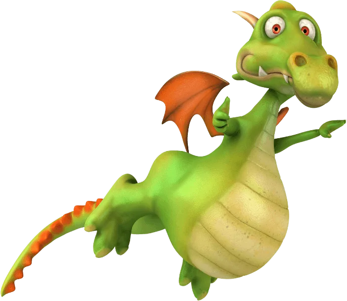 Cartoon green dragon with orange wings and tail spikes, standing upright and pointing with one hand while looking surprised.