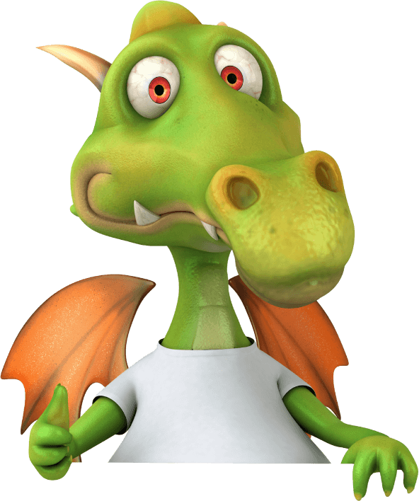 A cartoon green dragon with orange wings and a white T-shirt, looking slightly confused with wide eyes—perfect for a pediatrician in Melbourne, FL looking to add some friendly fun to their office.