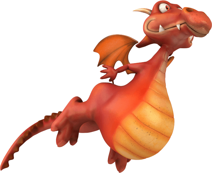 3D-rendered cartoon dragon with orange-red scales, yellow belly, wings, and a friendly expression, shown mid-leap on a white background.