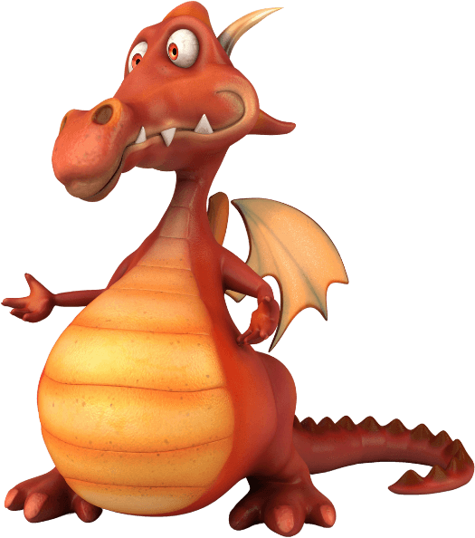 Cartoon-style orange dragon with a round belly, small wings, and an expressive face, standing upright with one arm extended.