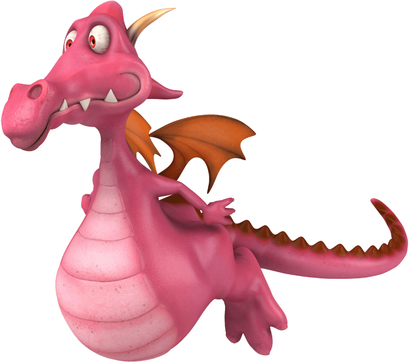 A cartoon-style pink dragon with orange wings standing upright, looking to the side with a surprised expression.