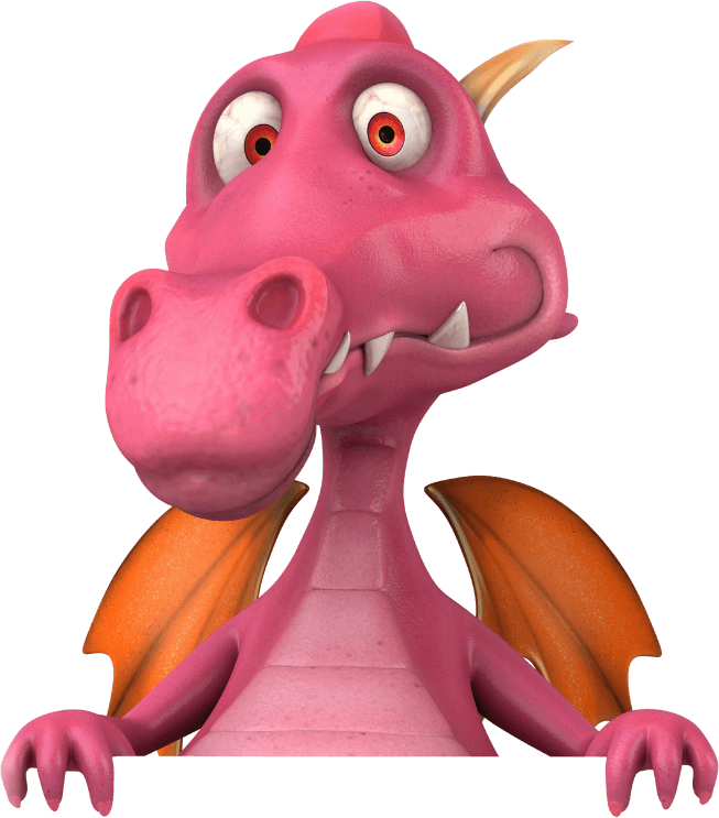 A pink cartoon dragon with orange wings and wide eyes looks forward, appearing to hold onto an unseen ledge—a friendly mascot you might spot at a pediatrician in Melbourne, FL.