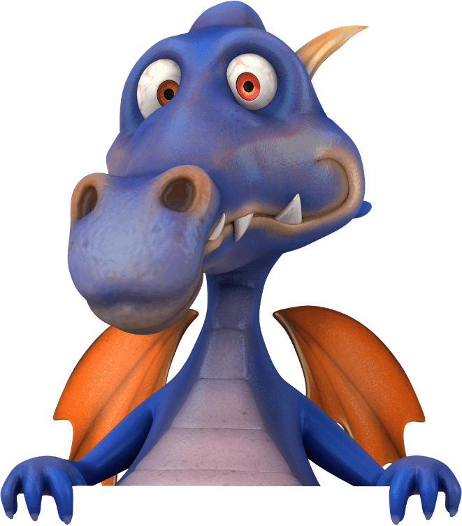 A cartoon blue dragon with orange wings and horns, large eyes, and a friendly expression is peeking over a black surface.