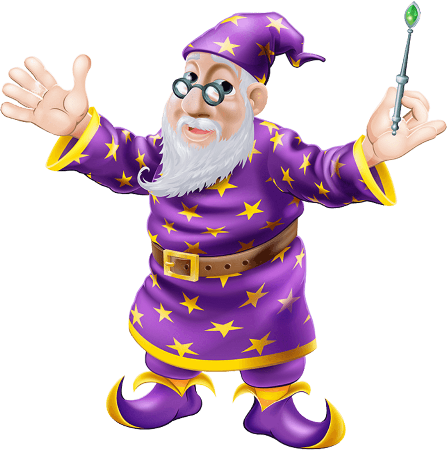 Cartoon wizard with glasses, white beard, and mustache, wearing a purple robe and hat with yellow stars, holding a wand with a green gem, and smiling with arms raised.