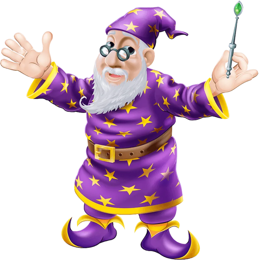 Cartoon wizard with glasses, white beard, and mustache, wearing a purple robe and hat with yellow stars, holding a wand with a green gem, and smiling with arms raised.