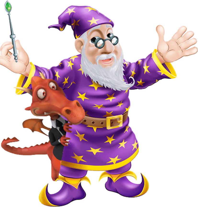 A cartoon wizard in a purple star-patterned robe and hat stands with arms open, holding a wand, while a small red dragon hugs his side.
