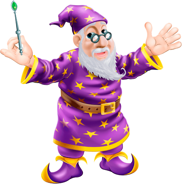 Cartoon wizard with a white beard and glasses wearing a purple robe and hat decorated with yellow stars, holding a wand with a green gem, and gesturing with open arms.