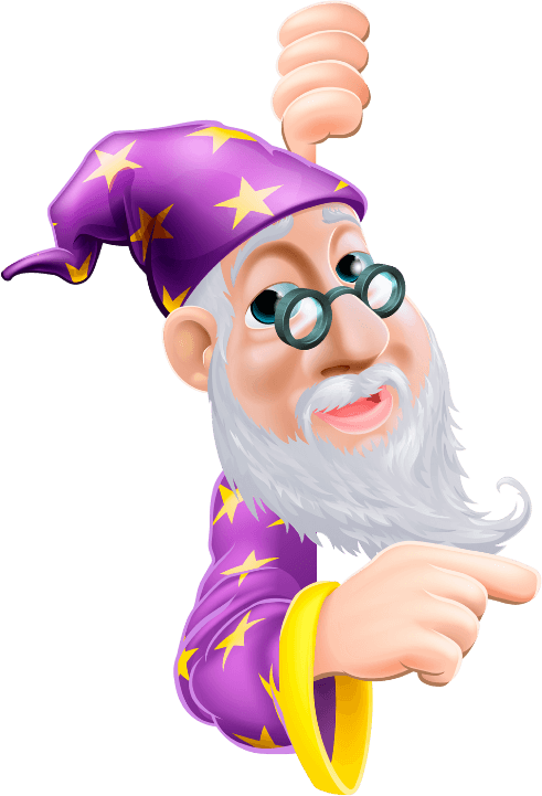 A cartoon wizard with a white beard, glasses, and a purple hat with yellow stars raises one hand and points with the other.