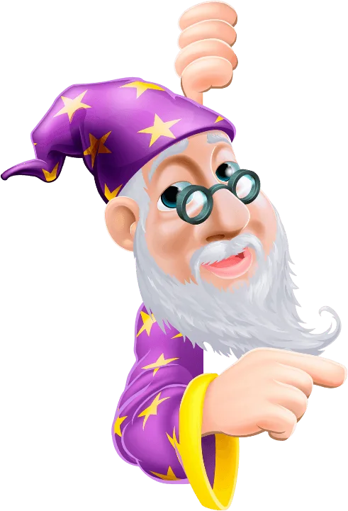 A cartoon wizard with a white beard, glasses, and a purple hat with yellow stars raises one hand and points with the other.