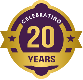 A gold and purple badge with the words "Celebrating 20 Years" in the center, honoring a trusted pediatrician in Melbourne FL.
