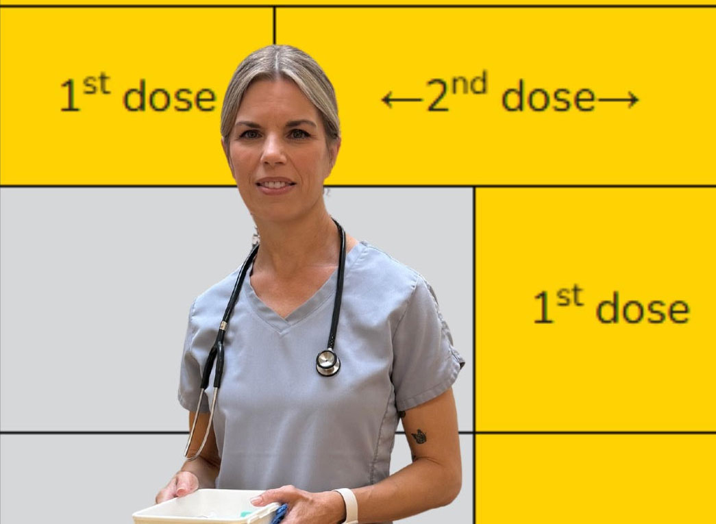 A nurse in scrubs with a stethoscope stands in front of a chart displaying "1st dose" and "2nd dose" in large yellow sections, reflecting the care you’d find with a trusted pediatrician in Melbourne FL.